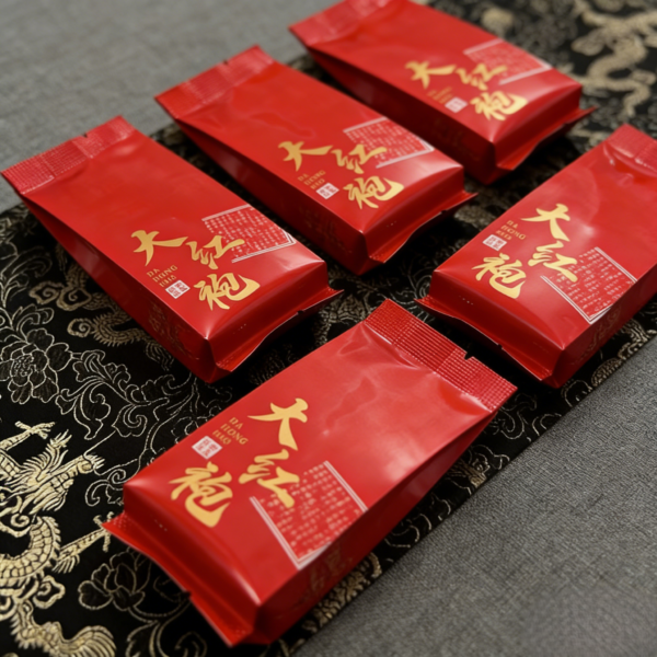 Red Da Hong Pao tea packets arranged on patterned fabric